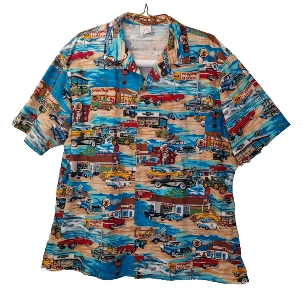 Retro Hawaiian Shirt Men XL Ray Service Station Diner Classic Cars Seaview Diner